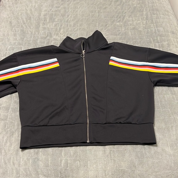 Express Cropped Track Jacket with Rainbow Sleeves, Sporty, Size M - Picture 2 of 7